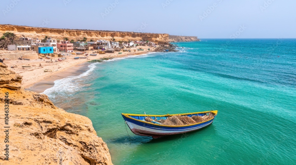 A vibrant coastal village with colorful boats and scenic views of the azure sea A vibrant coastal village with colorful boats and scenic views of the azure sea