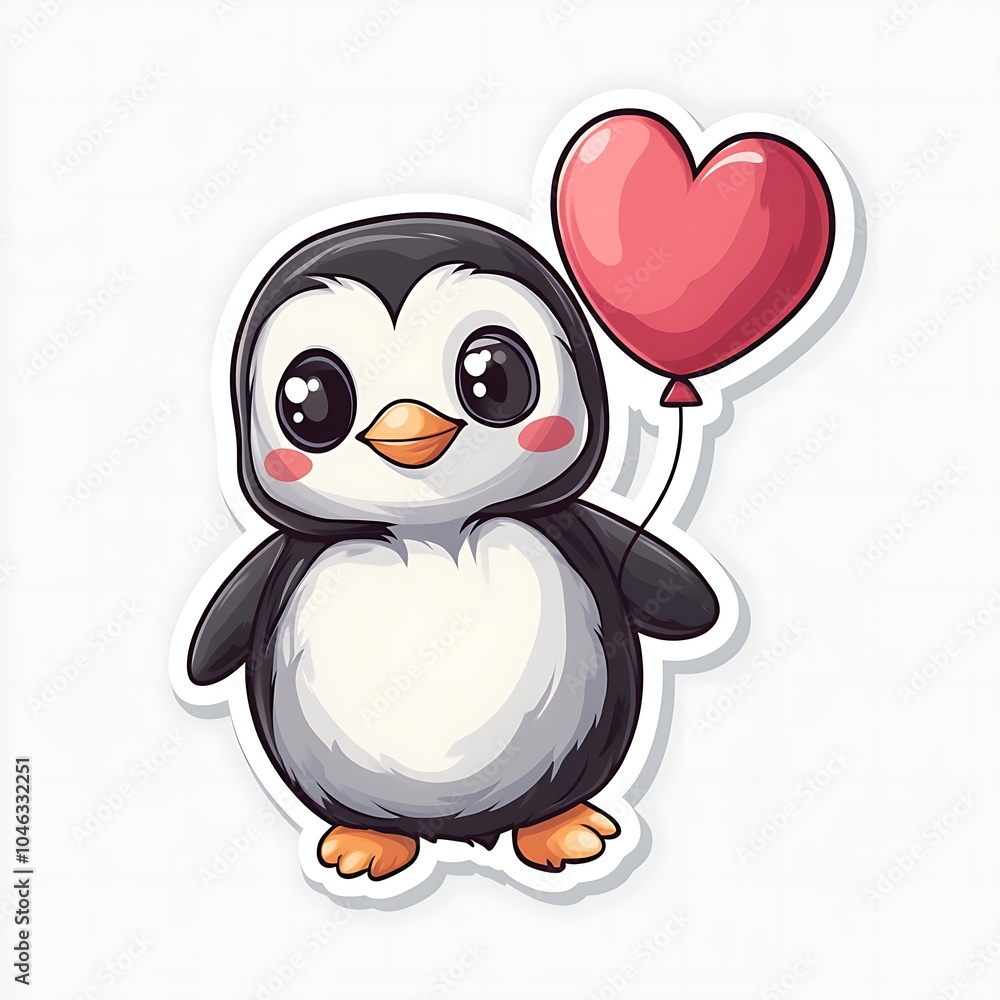 Fototapeta premium Kawaii Penguin Sticker with Heart Balloon