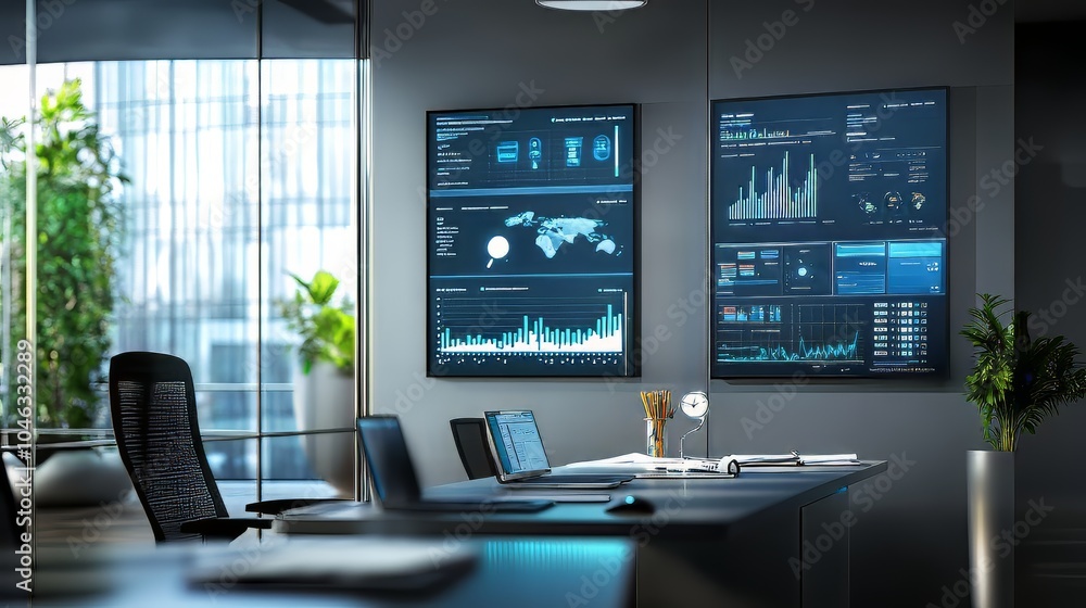 Modern office with logistics data analysis screens. productivity tools. Ultra realistic. Photorealistic Modern office with logistics data analysis screens. productivity tools. Ultra realistic. Photorealistic