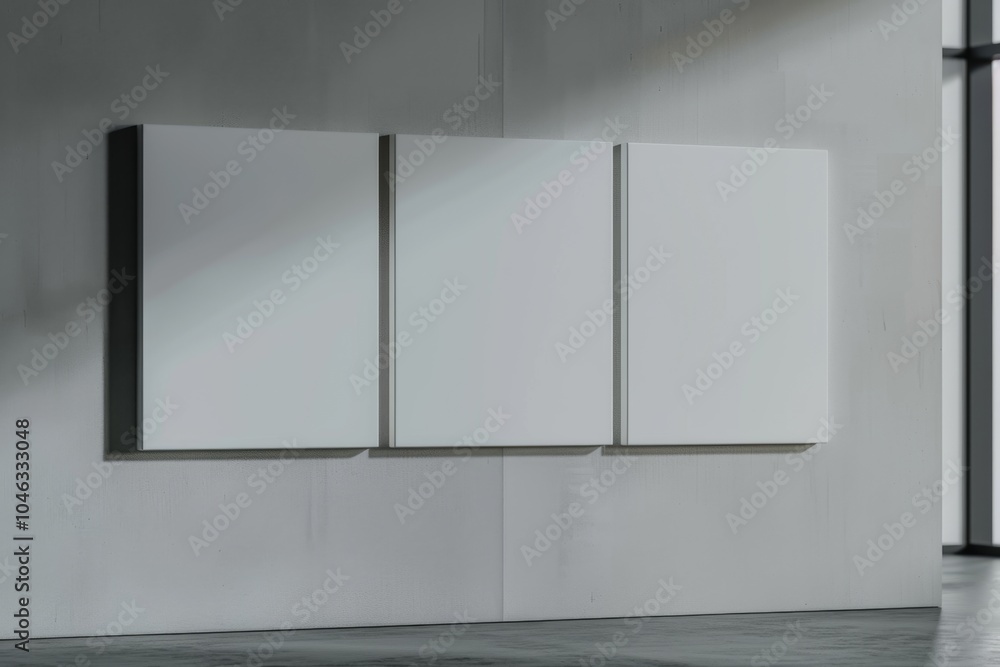 This minimalist artwork features a triptych canvas set against a concrete wall, creating a serene and art-focused atmosphere lit by natural sunlight. This minimalist artwork features a triptych canvas set against a concrete wall, creating a serene and art-focused atmosphere lit by natural sunlight.