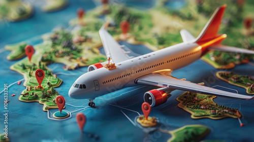 the 3d rendering graphic , pastel models of bags and plane on map traveling between continents