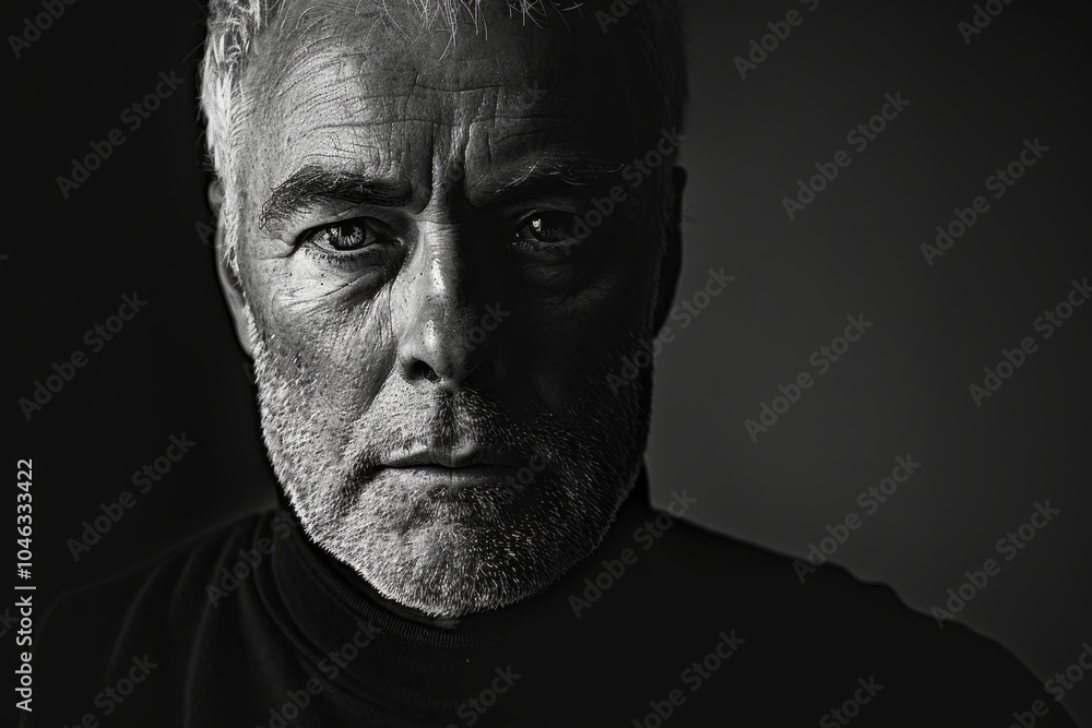 A haunting monochrome portrait captures a mature man with an intense expression, etched with emotion, highlighting the depth and complexity of human experience. A haunting monochrome portrait captures a mature man with an intense expression, etched with emotion, highlighting the depth and complexity of human experience.