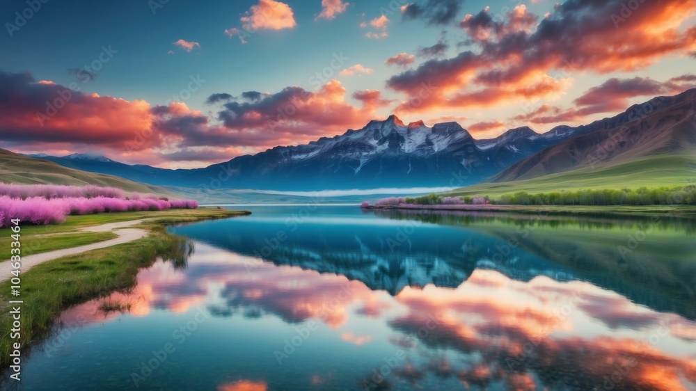 Fototapeta premium Mountain landscape with reflection of clouds in the lake - natural harmony