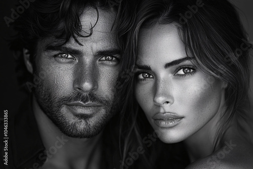 A dramatic black-and-white close-up of a couple, highlighting their defined features and intense expressions, with textured skin illuminated by soft shadows