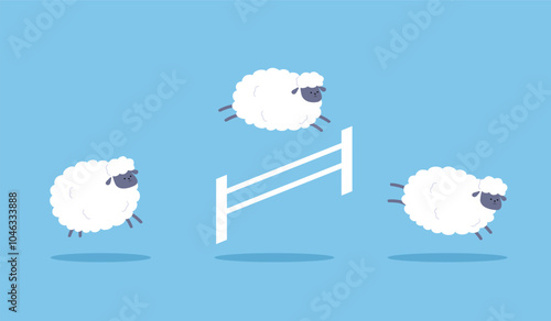 Cute cartoon three sheep jumping over fence. Counting sheep to fall asleep. Good night sleep in flat design.