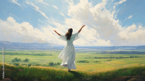 A beautiful young woman in a flowing white dress stands confidently on a wide open hill