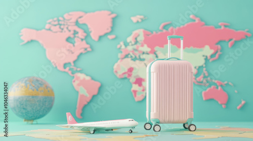 the 3d rendering graphic , pastel  models of bags and plane on map  traveling between continents 