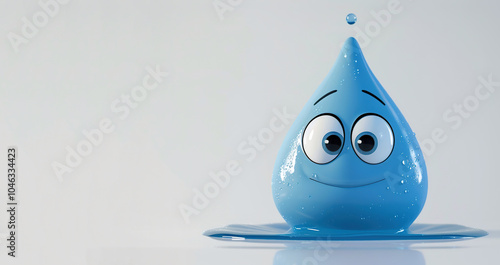 3d cartoon little cute drop of water kid character white background copy space