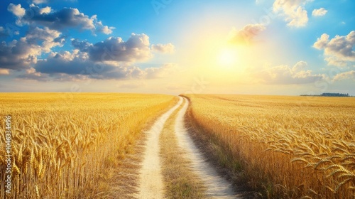 A road runs through a field of tall golden wheat. The road is dirt and he is a country road