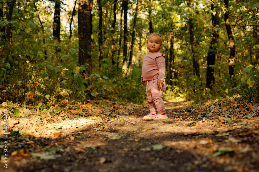 Toddler exploring a wooded path, playfully interacting with nature in autumn light during a sunny afternoon Toddler exploring a wooded path, playfully interacting with nature in autumn light during a sunny afternoon