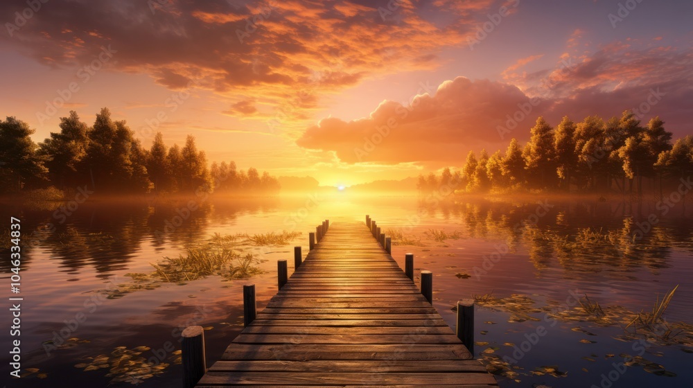 Fototapeta premium A panoramic view of a picturesque sunrise over a calm lake