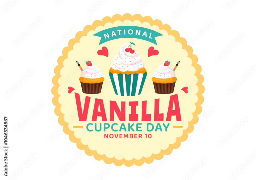 National Vanilla Cupcake Day Vector Illustration on November 10 featuring Cupcakes Topped with Sprinkle, Strawberry and Vanilla Cream in a Background National Vanilla Cupcake Day Vector Illustration on November 10 featuring Cupcakes Topped with Sprinkle, Strawberry and Vanilla Cream in a Background