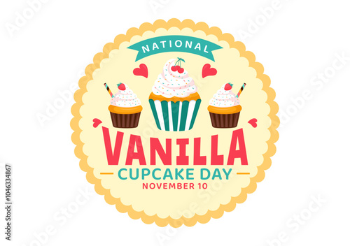 National Vanilla Cupcake Day Vector Illustration on November 10 featuring Cupcakes Topped with Sprinkle, Strawberry and Vanilla Cream in a Background