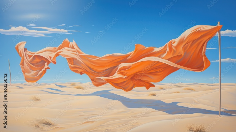 A long piece of linen drying on a clothesline set against the backdrop of a serene desert scene, A long piece of linen drying on a clothesline set against the backdrop of a serene desert scene,