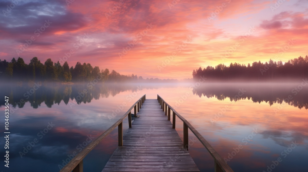 Fototapeta premium A stunning panorama of a serene sunrise over a tranquil lake,