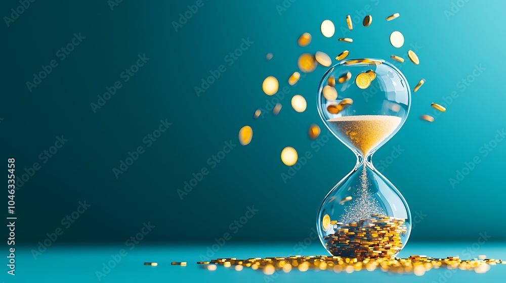 Conceptual image of an hourglass filled with both sand and gold coins Conceptual image of an hourglass filled with both sand and gold coins