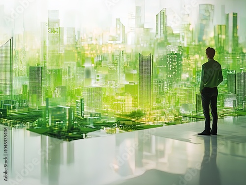 Exploring Sustainable Urban Planning: A Stunning Digital Cityscape for Your Sports Interior Poster - Emphasizing Green Shades and Translucent Architecture