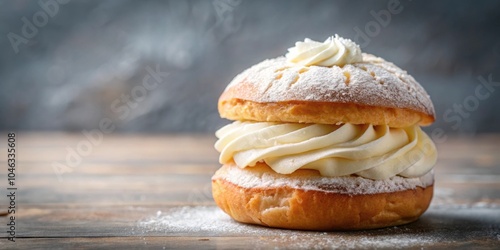 Traditional Swedish eclair semla filled with whipped cream, perfect for celebrating Fastelavn and Fat Tuesday photo