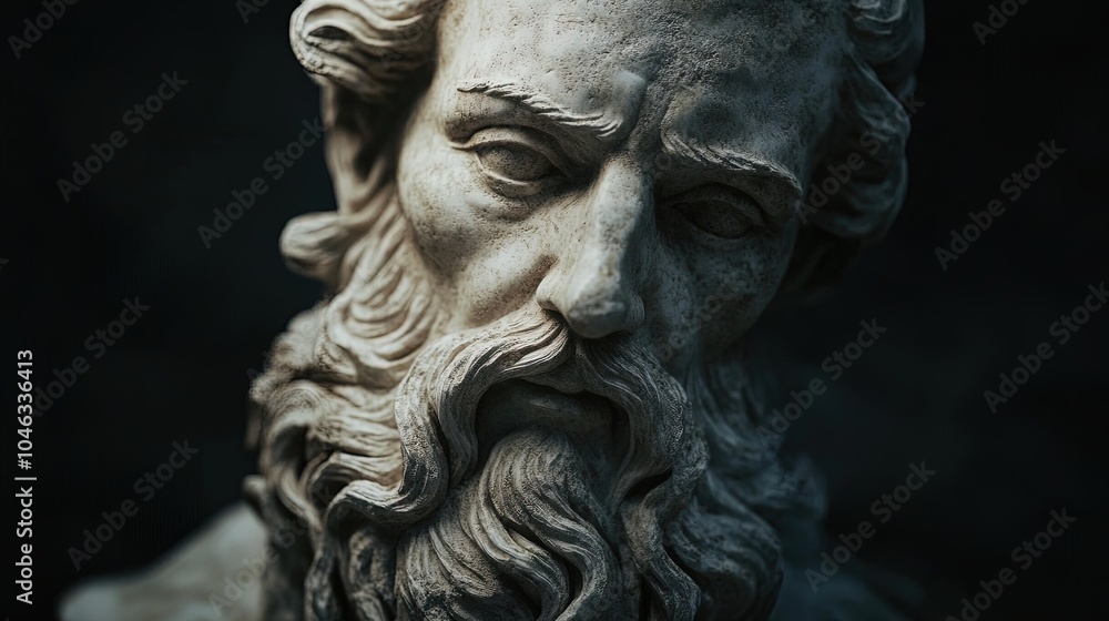 Timeless Elegance: Ancient Sage Bust Sculpture - A Stunning Poster for Sophisticated Interiors, Highlighting Meticulous Carvings and Dramatic Lighting Against a Dark Backdrop Timeless Elegance: Ancient Sage Bust Sculpture - A Stunning Poster for Sophisticated Interiors, Highlighting Meticulous Carvings and Dramatic Lighting Against a Dark Backdrop