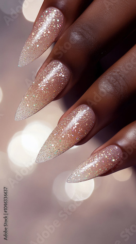 Wallpaper Mural Woman hand with manicure in fashion shimmering white golden. Pretty elegant acrylic gel polish stiletto nail manicure wear armor long nails pose for spa salon xmas winter web advertising branding Torontodigital.ca