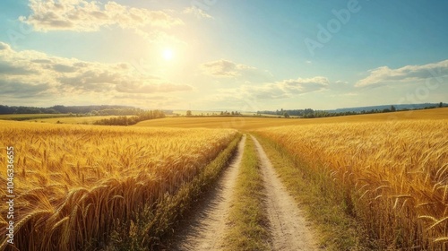 A road runs through a field of tall golden wheat. The road is dirt and he is a country road