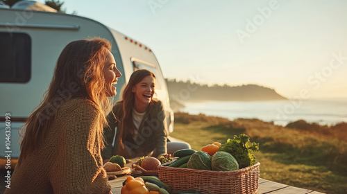 friends on the vintage campervan roadtrip  driving to half  moon bay beach in summer buy the vegetable from the farmer along the way to the beach  photo