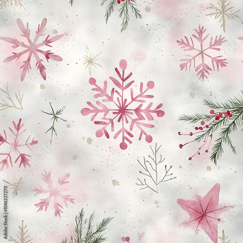 Hand-drawn watercolor sparklecore winter scene with vibrant pink glitter snowflakes and evergreen sprigs
 photo