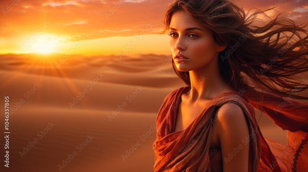 In the midst of a breathtaking desert landscape at sunset, a lovely woman stands poised, In the midst of a breathtaking desert landscape at sunset, a lovely woman stands poised,
