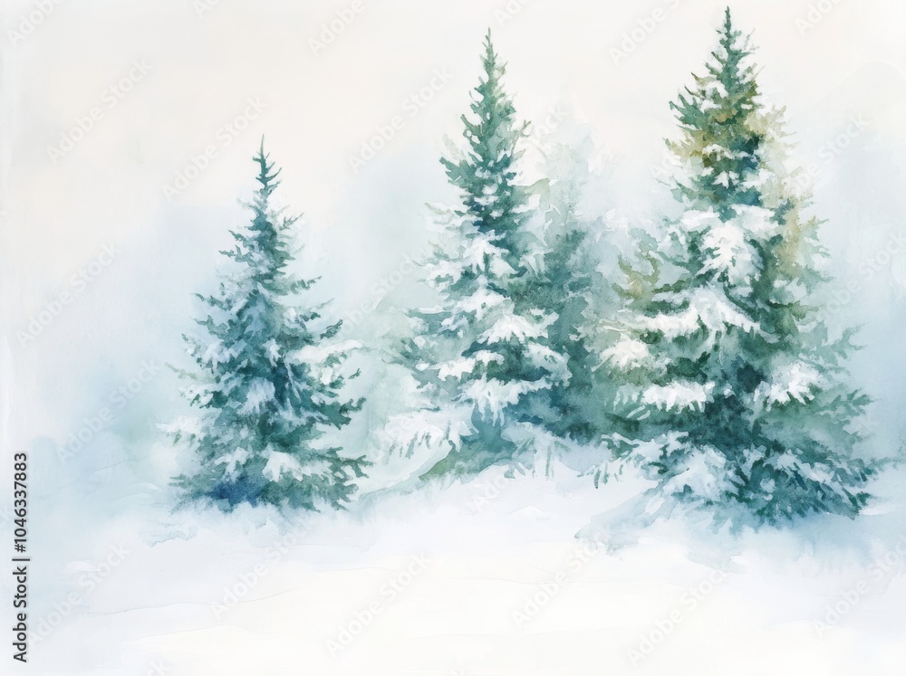 Fototapeta premium Serene Winter Landscape with Snow-Covered Pine Trees, Simple and Elegant Watercolor Painting, Ideal for Calming Wall Art or Seasonal Greeting Cards Generative AI