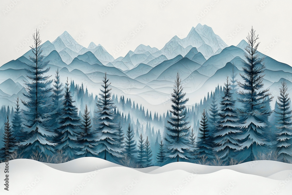 Fototapeta premium A paper vector illustration of a snow-covered forest in winter. The scene features tall pine trees, their branches laden with snow, standing in a serene arrangement.