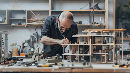 modeller man working at scale model of miniature building in his workshop full of tools isolated on white background, detailed, png photo