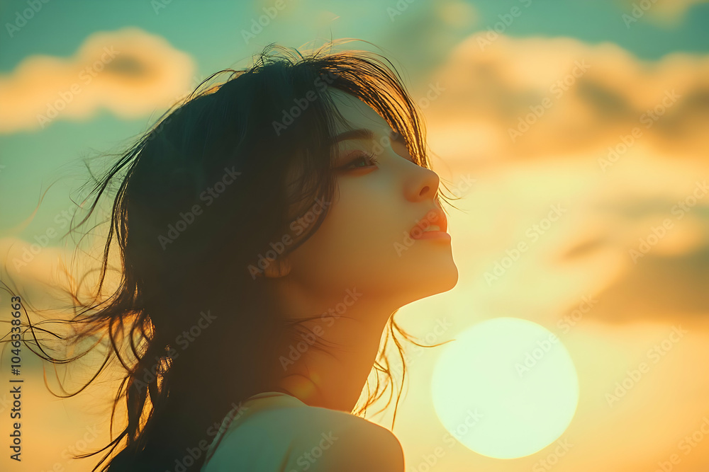 A Woman's Profile Silhouetted Against a Golden Sunset Sky with Her Hair Blowing in the Breeze A Woman's Profile Silhouetted Against a Golden Sunset Sky with Her Hair Blowing in the Breeze