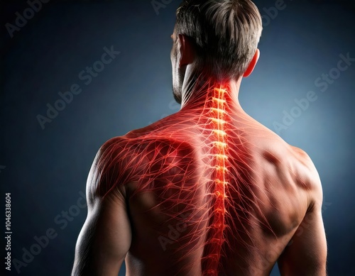 A muscular back with a highlighted spine and nerve pathways, illustrating potential areas affected by myofascial pain syndrome