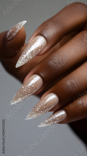Woman hand with manicure in fashion shimmering white golden. Pretty elegant acrylic gel polish stiletto nail manicure wear armor long nails pose for spa salon xmas winter web advertising branding