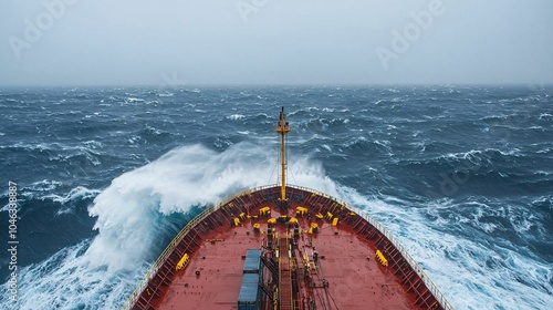 A ship navigating through rough, turbulent seas under a cloudy sky, emphasizing the power of nature and maritime challenges.