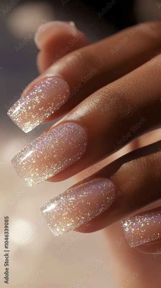 Woman hand with manicure in fashion shimmering white golden. Pretty elegant acrylic gel polish stiletto nail manicure wear armor long nails pose for spa salon xmas winter web advertising branding Woman hand with manicure in fashion shimmering white golden. Pretty elegant acrylic gel polish stiletto nail manicure wear armor long nails pose for spa salon xmas winter web advertising branding