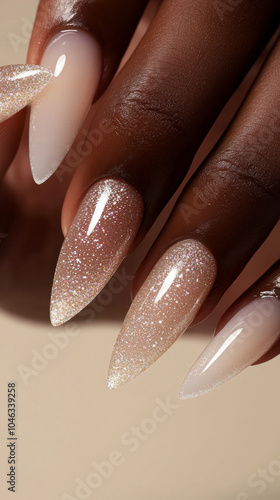 Woman hand with manicure in fashion shimmering white golden. Pretty elegant acrylic gel polish stiletto nail manicure wear armor long nails pose for spa salon xmas winter web advertising branding