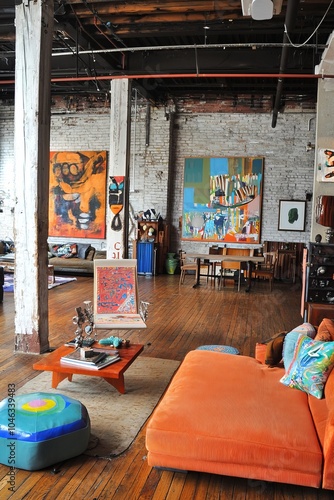 A vibrant industrial loft filled with eclectic decor and artwork. The open layout encourages social gatherings and creative projects