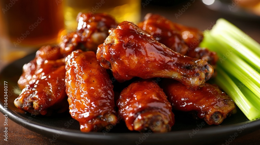 A plate of saucy chicken wings served with celery sticks, ideal for gatherings or parties. A plate of saucy chicken wings served with celery sticks, ideal for gatherings or parties.