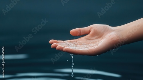 Closeup of a hand reaching into a cold stream of water, symbolizing natural hydration and purity, hand in water stream, natural and refreshing