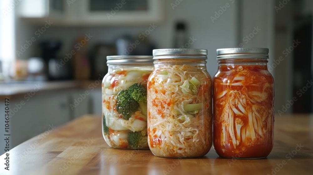 notion of fermented preserved vegetarian cuisine. Over a rustic kitchen table are glass jars filled with marinated broccoli, sauerkraut, and cabbage kimchi. notion of canned food. notion of fermented preserved vegetarian cuisine. Over a rustic kitchen table are glass jars filled with marinated broccoli, sauerkraut, and cabbage kimchi. notion of canned food.