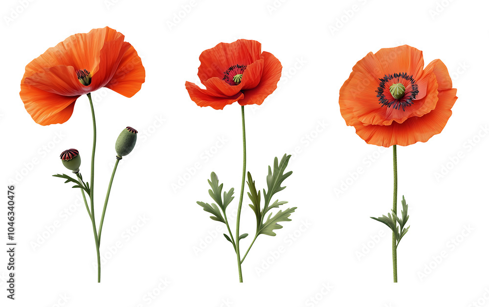 Obraz premium Three vibrant red poppies in various stages of bloom, isolated against a transparent background. The delicate petals and the green stems create a striking contrast.
