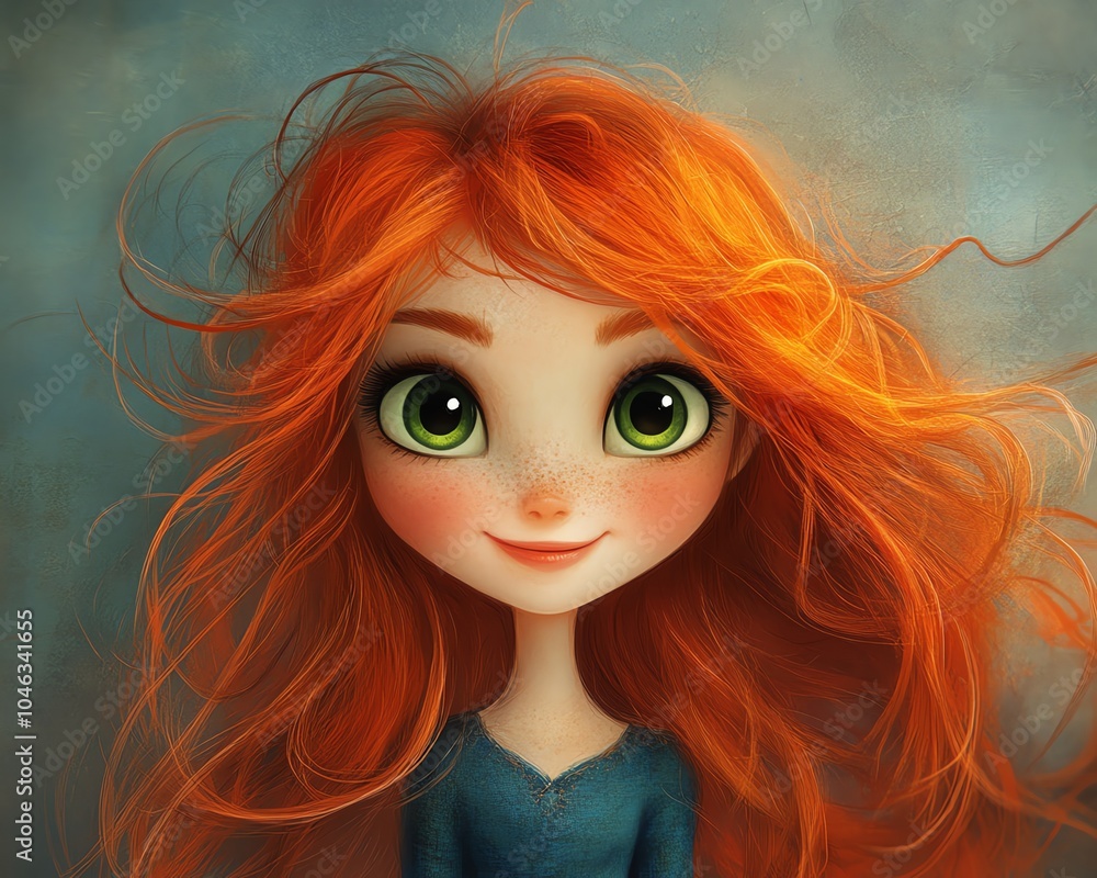 Obraz premium Cute illustration of a girl with long, flowing red hair and big green eyes, wearing a blue shirt and exuding happiness