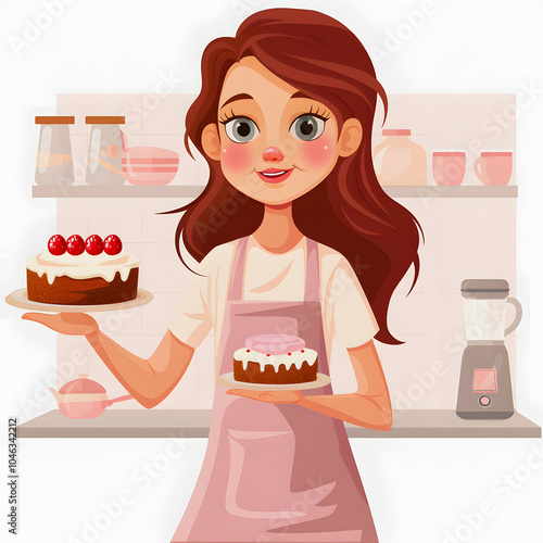 happy female baker holding homemade cake while standing at the domestic kitchen isolated on white background, png photo