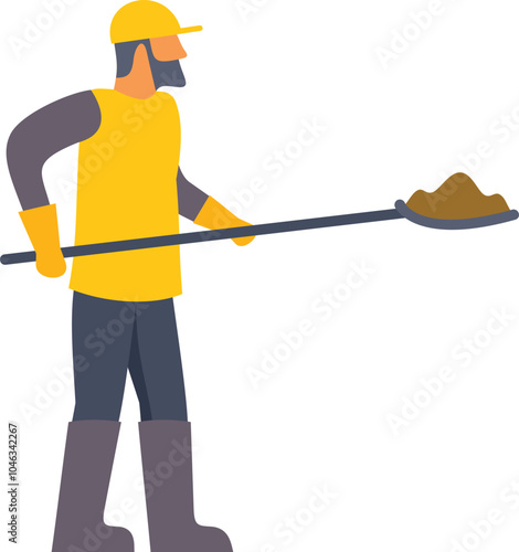 Construction worker wearing hardhat and safety vest holding shovel with soil