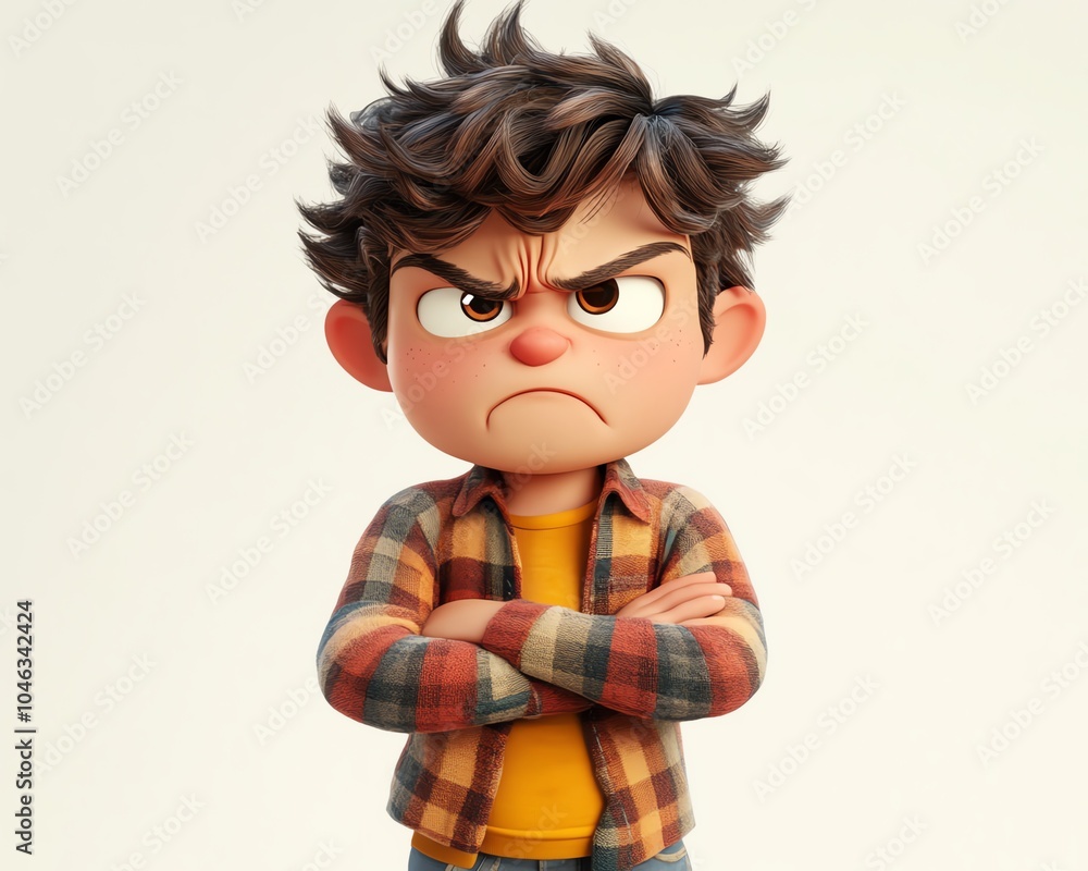 Frustrated cartoon character in casual attire, expressing irritation while standing with arms akimbo on a clean white background Frustrated cartoon character in casual attire, expressing irritation while standing with arms akimbo on a clean white background