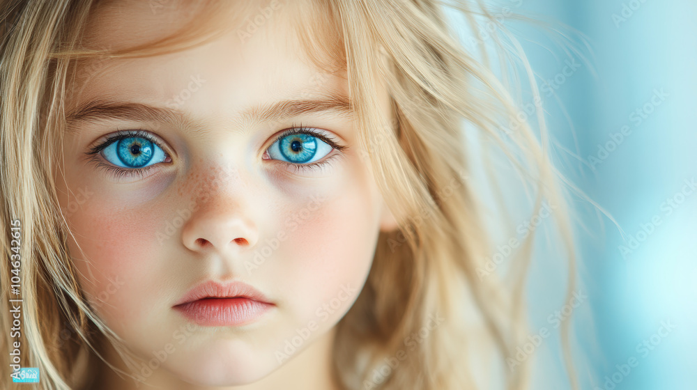A young girl with striking blue eyes looks directly at the camera, her expression calm and thoughtful, against a softly blurred background. A young girl with striking blue eyes looks directly at the camera, her expression calm and thoughtful, against a softly blurred background.