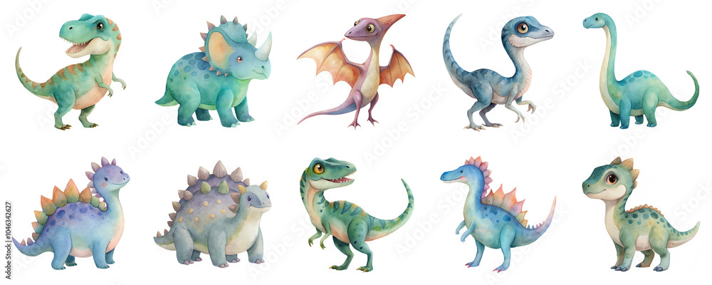 Dinosaurs featuring various species like T-rex, triceratops and pterodactyl, watercolor illustration set. Each element isolated on transparent background Dinosaurs featuring various species like T-rex, triceratops and pterodactyl, watercolor illustration set. Each element isolated on transparent background