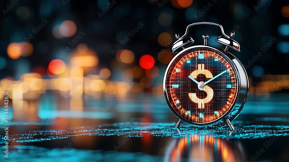 Depiction of a clock with a winding key made of a dollar sign Depiction of a clock with a winding key made of a dollar sign