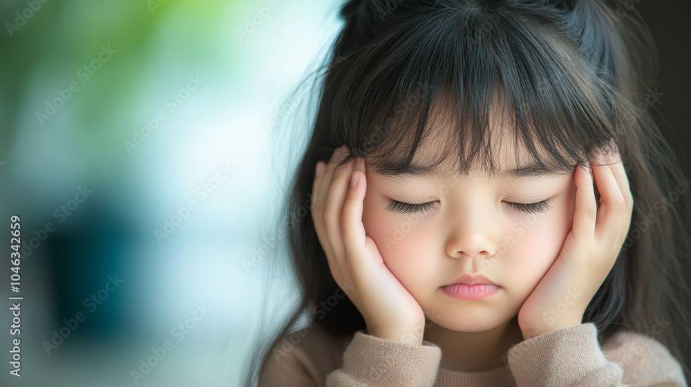 A young girl with closed eyes, gently resting her face in her hands, appears peaceful and contemplative, set against a softly blurred background. A young girl with closed eyes, gently resting her face in her hands, appears peaceful and contemplative, set against a softly blurred background.